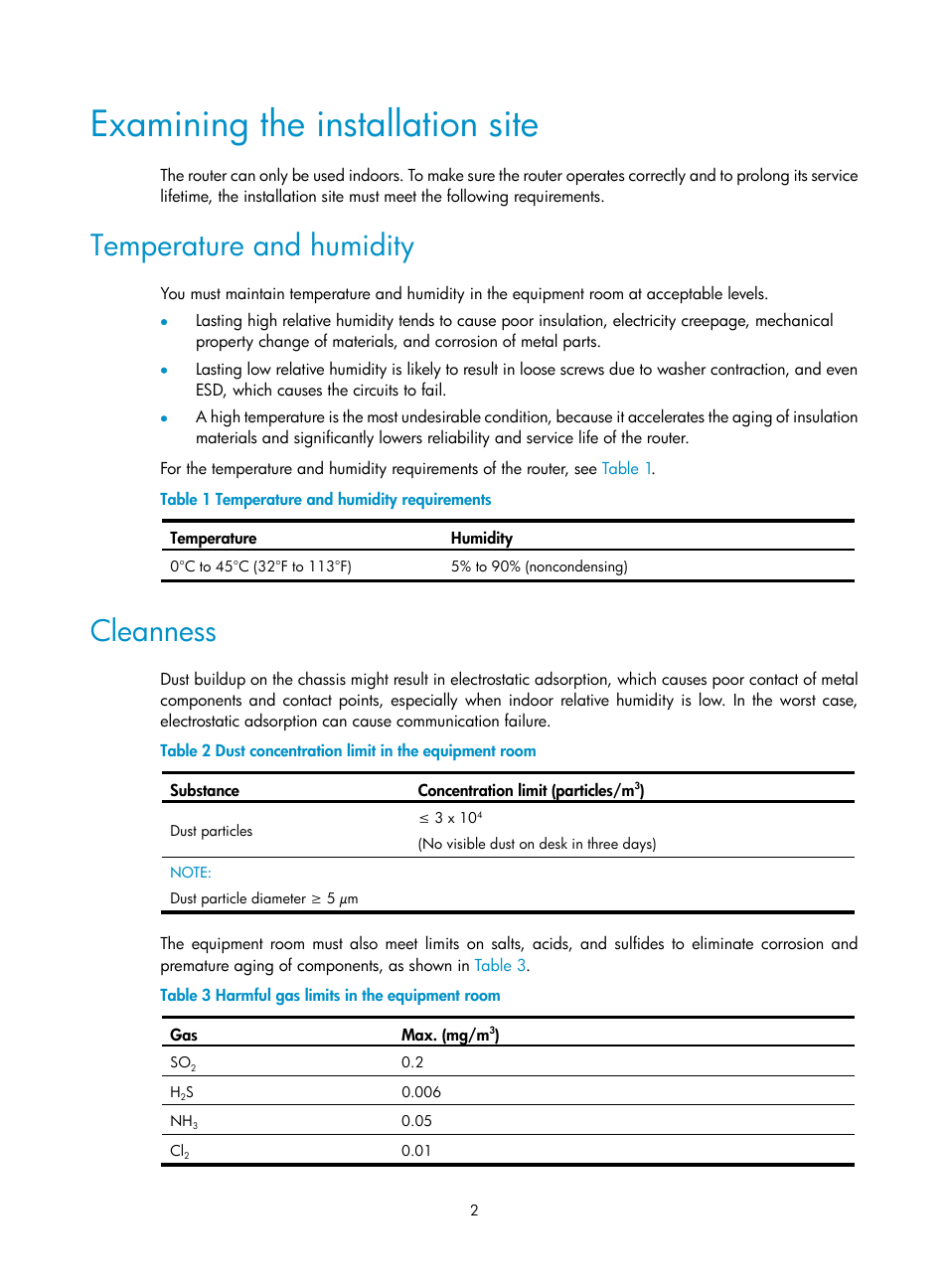 Examining the installation site, Temperature and humidity, Cleanness | H3C Technologies H3C MSR 3600 User Manual | Page 10 / 95