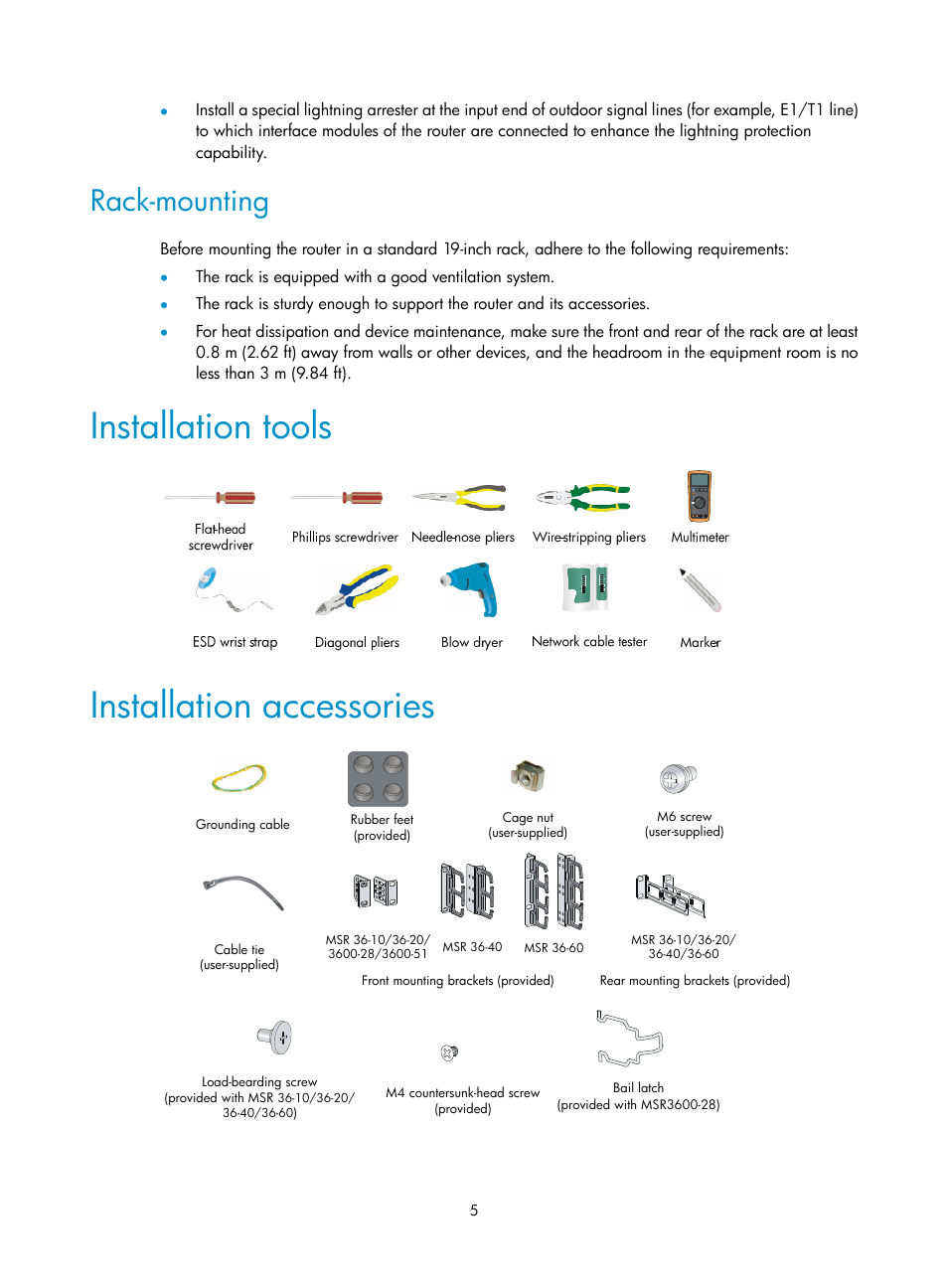 Rack-mounting, Installation tools, Installation accessories | H3C Technologies H3C MSR 3600 User Manual | Page 13 / 95