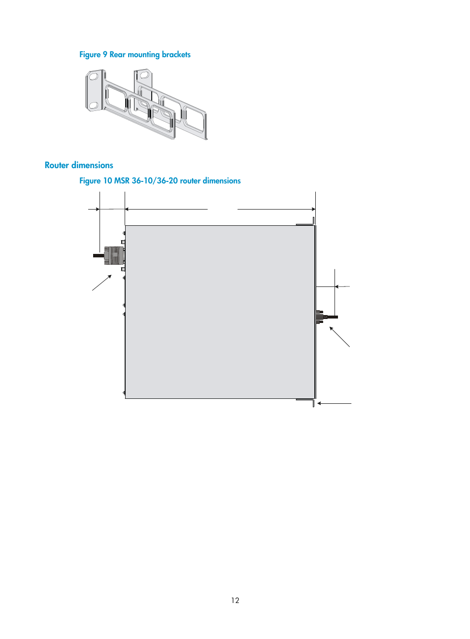 Router dimensions, Figure 9 rear mounting brackets | H3C Technologies H3C MSR 3600 User Manual | Page 20 / 95