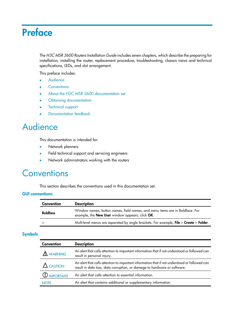 Preface, Audience, Conventions | Gui conventions, Symbols | H3C Technologies H3C MSR 3600 User Manual | Page 3 / 95