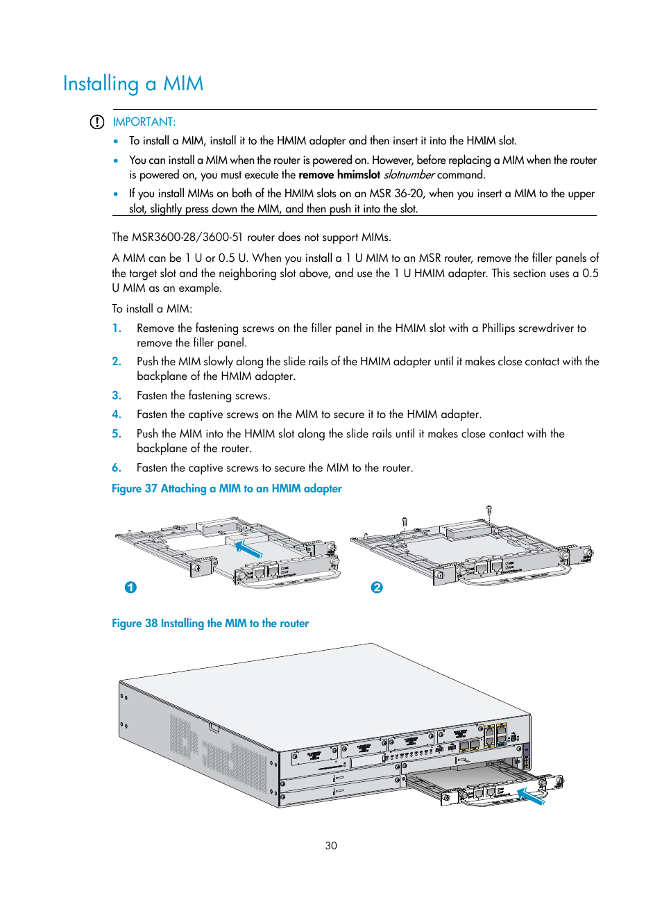 Installing a mim | H3C Technologies H3C MSR 3600 User Manual | Page 38 / 95