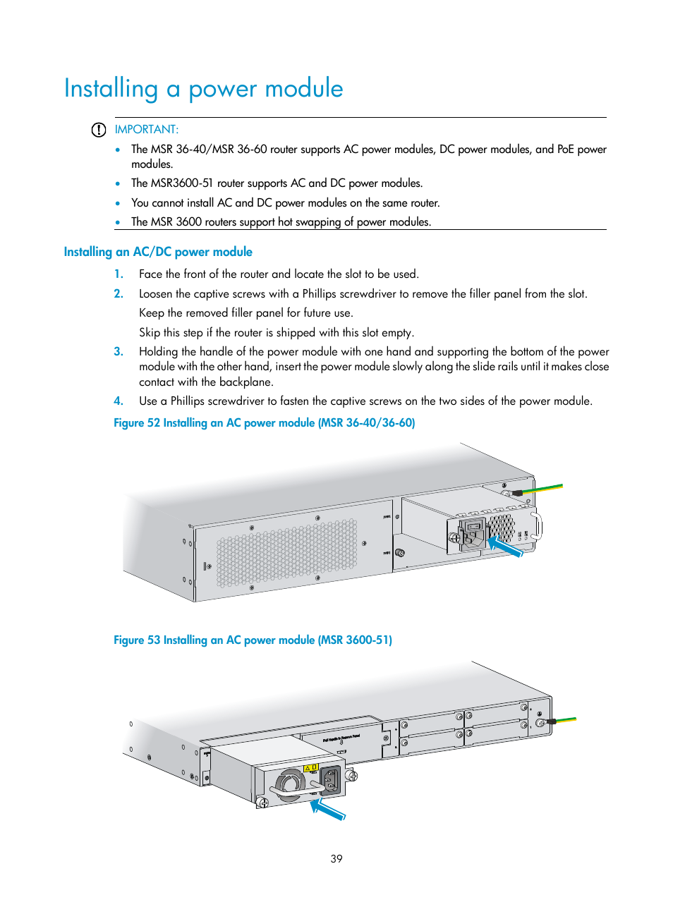 Installing a power module, Installing an ac/dc power module | H3C Technologies H3C MSR 3600 User Manual | Page 47 / 95