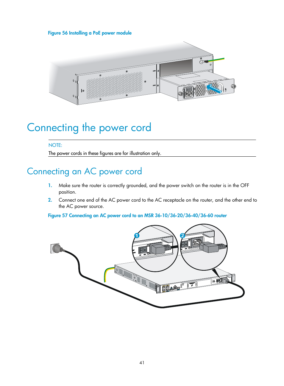 Connecting the power cord, Connecting an ac power cord | H3C Technologies H3C MSR 3600 User Manual | Page 49 / 95