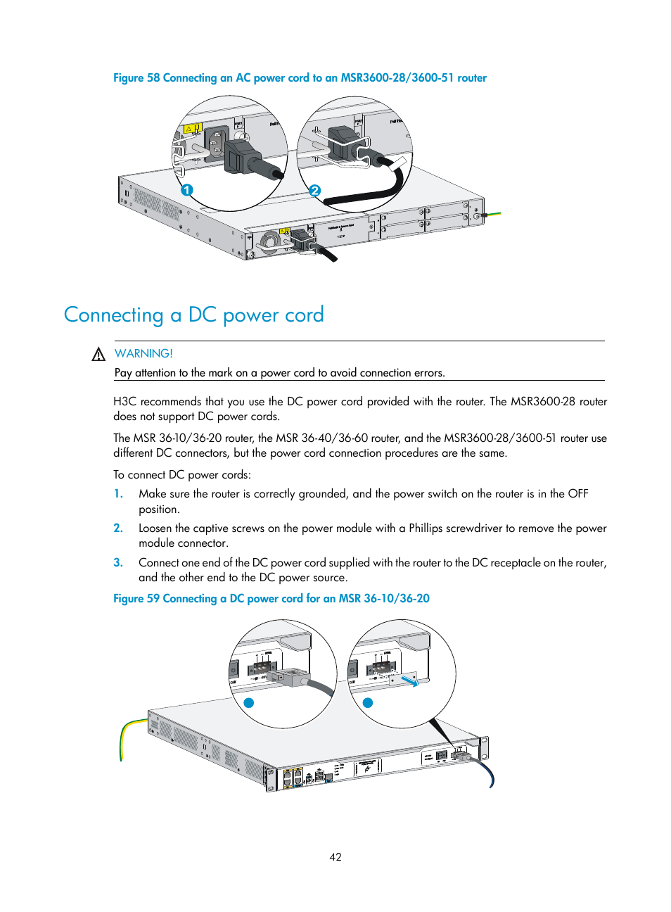 Connecting a dc power cord | H3C Technologies H3C MSR 3600 User Manual | Page 50 / 95