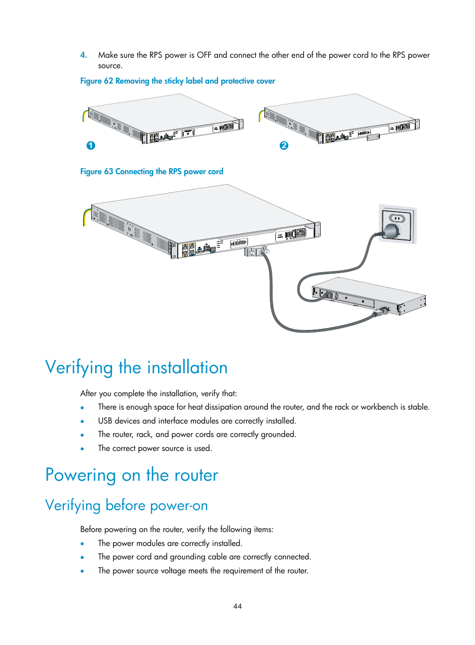 Verifying the installation, Powering on the router, Verifying before power-on | H3C Technologies H3C MSR 3600 User Manual | Page 52 / 95