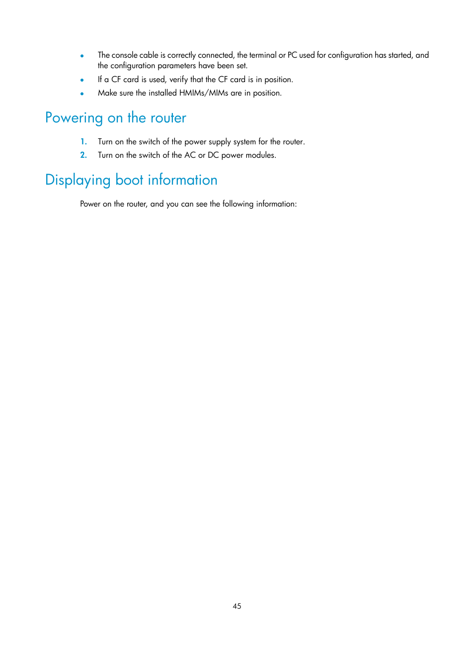 Powering on the router, Displaying boot information | H3C Technologies H3C MSR 3600 User Manual | Page 53 / 95