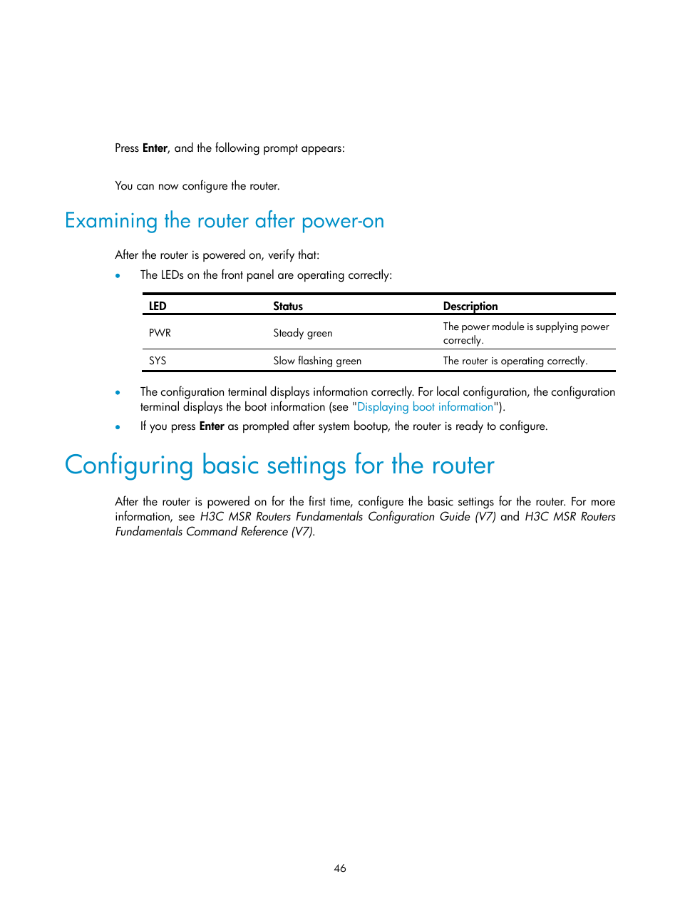 Examining the router after power-on, Configuring basic settings for the router | H3C Technologies H3C MSR 3600 User Manual | Page 54 / 95