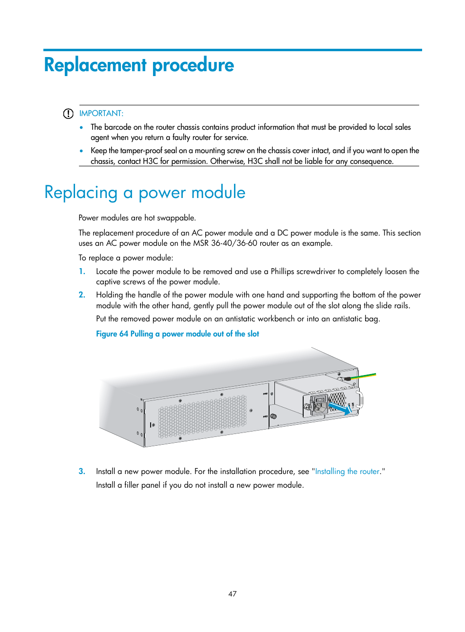 Replacement procedure, Replacing a power module | H3C Technologies H3C MSR 3600 User Manual | Page 55 / 95