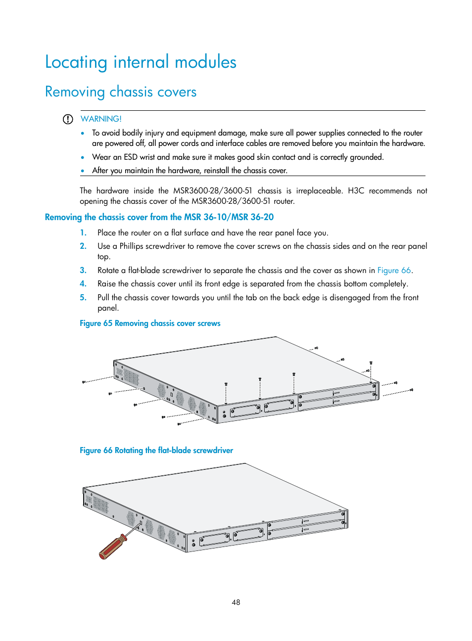 Locating internal modules, Removing chassis covers | H3C Technologies H3C MSR 3600 User Manual | Page 56 / 95