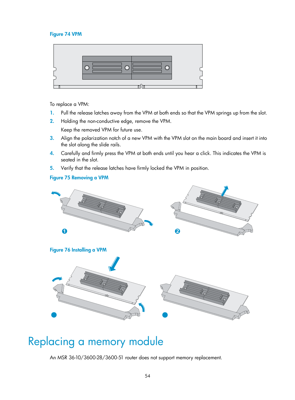 Replacing a memory module | H3C Technologies H3C MSR 3600 User Manual | Page 62 / 95