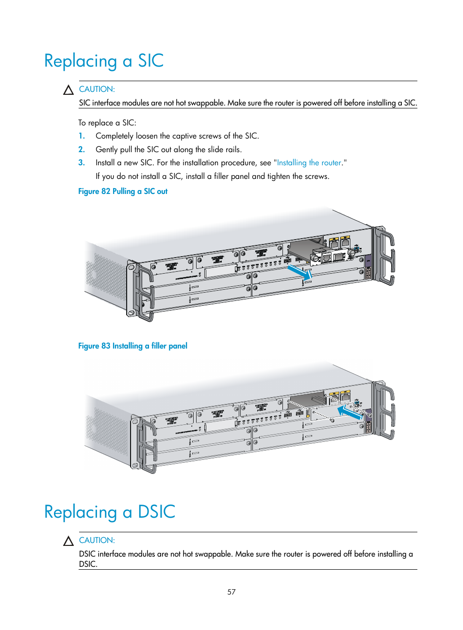 Replacing a sic, Replacing a dsic | H3C Technologies H3C MSR 3600 User Manual | Page 65 / 95