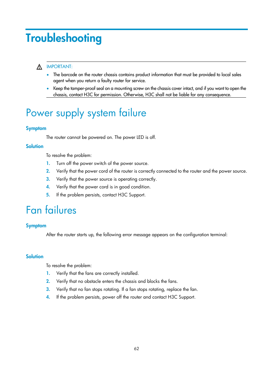 Troubleshooting, Power supply system failure, Symptom | Solution, Fan failures | H3C Technologies H3C MSR 3600 User Manual | Page 70 / 95