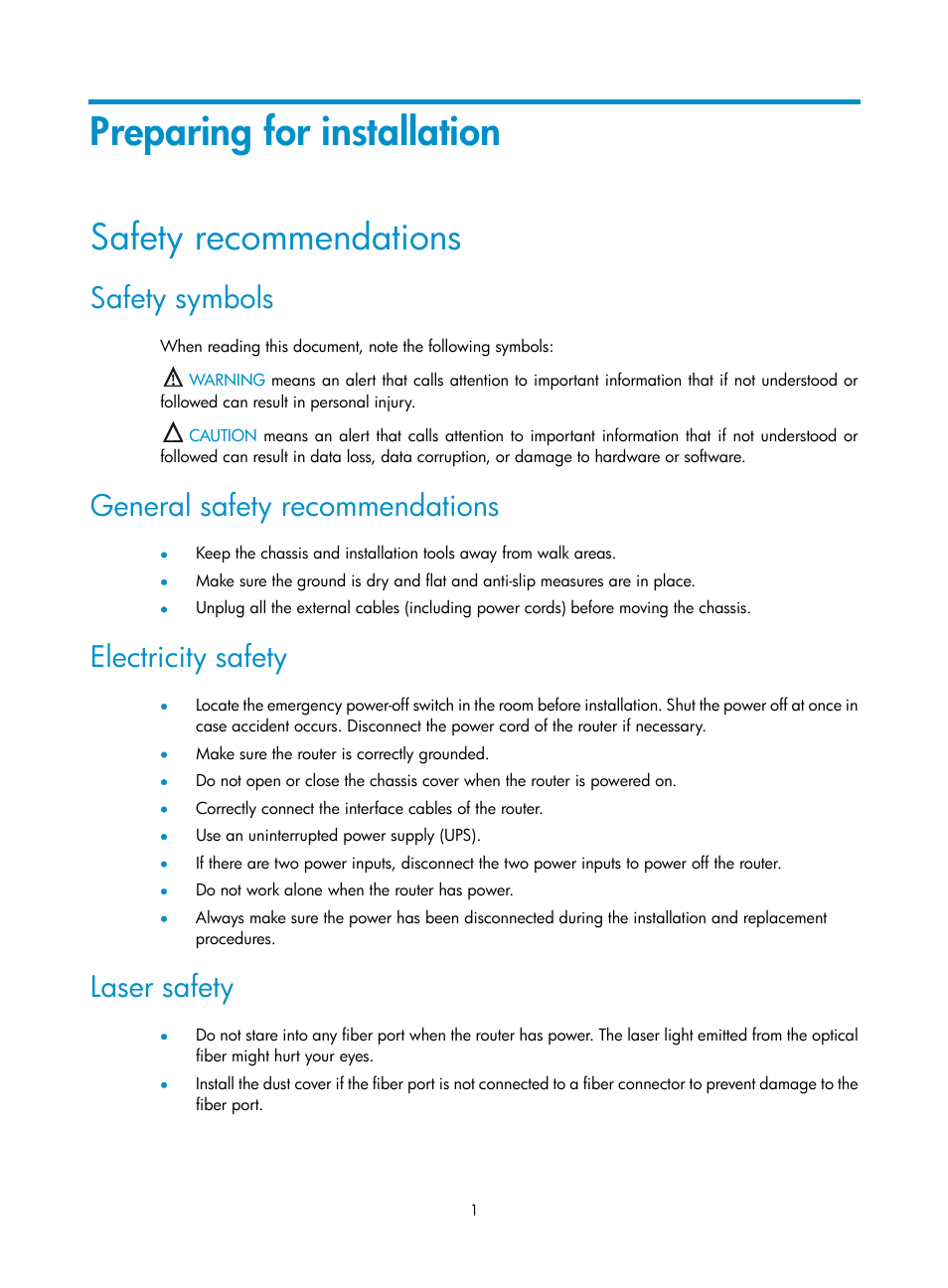 Preparing for installation, Safety recommendations, Safety symbols | General safety recommendations, Electricity safety, Laser safety | H3C Technologies H3C MSR 3600 User Manual | Page 9 / 95