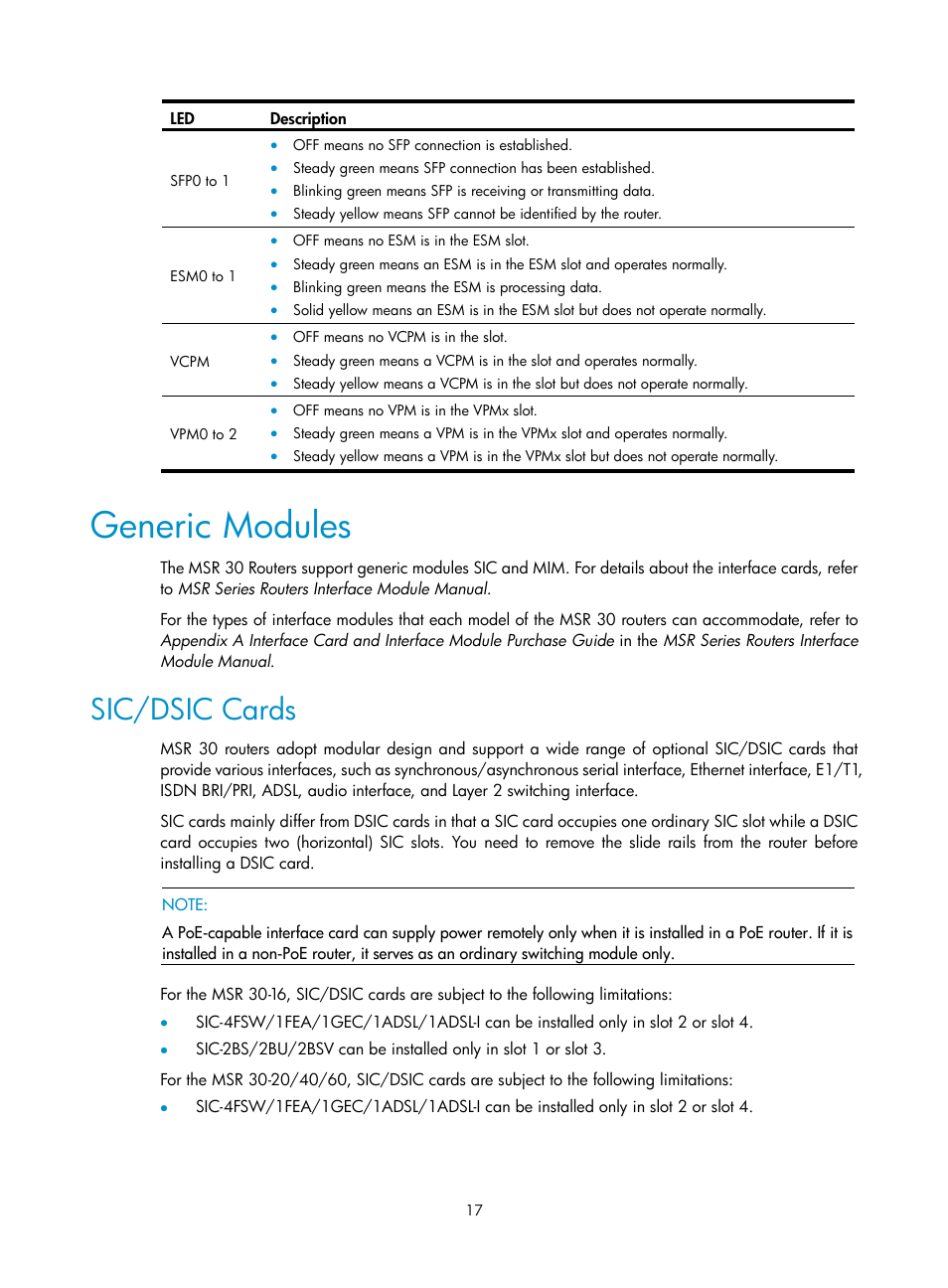 Generic modules, Sic/dsic cards | H3C Technologies H3C MSR 30 User Manual | Page 25 / 99