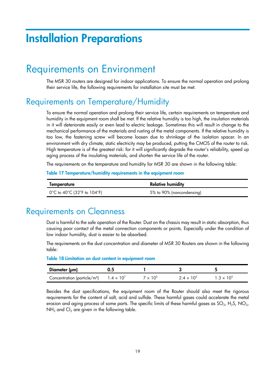 Installation preparations, Requirements on environment, Requirements on temperature/humidity | Requirements on cleanness | H3C Technologies H3C MSR 30 User Manual | Page 27 / 99