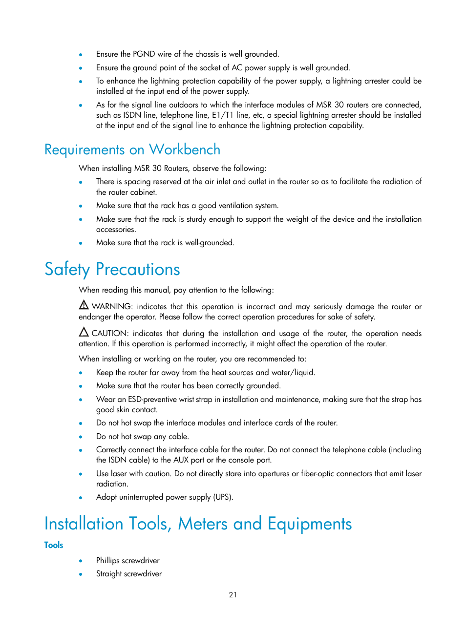 Requirements on workbench, Safety precautions, Installation tools, meters and equipments | Tools | H3C Technologies H3C MSR 30 User Manual | Page 29 / 99