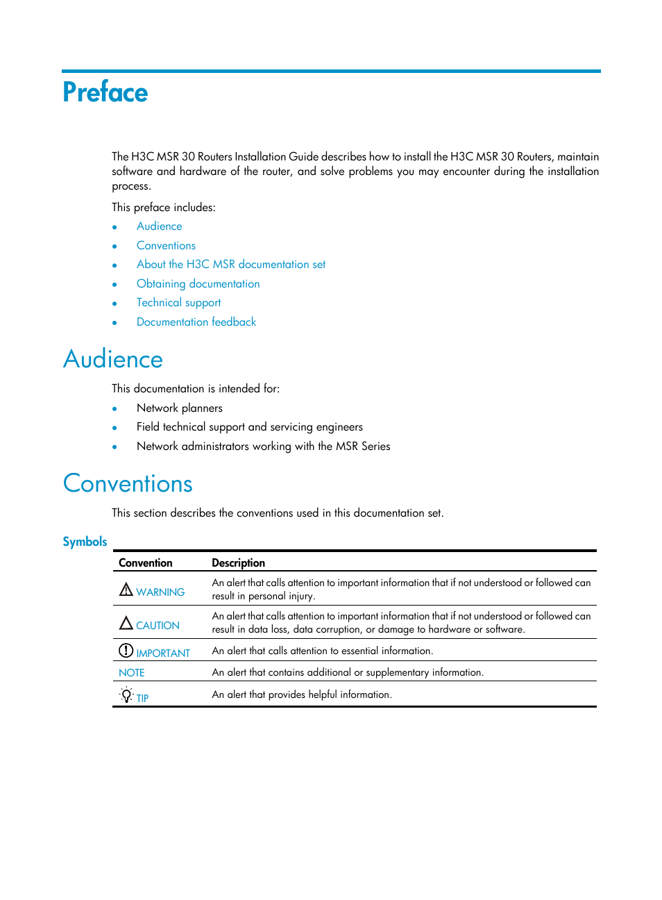 Preface, Audience, Conventions | Symbols | H3C Technologies H3C MSR 30 User Manual | Page 3 / 99