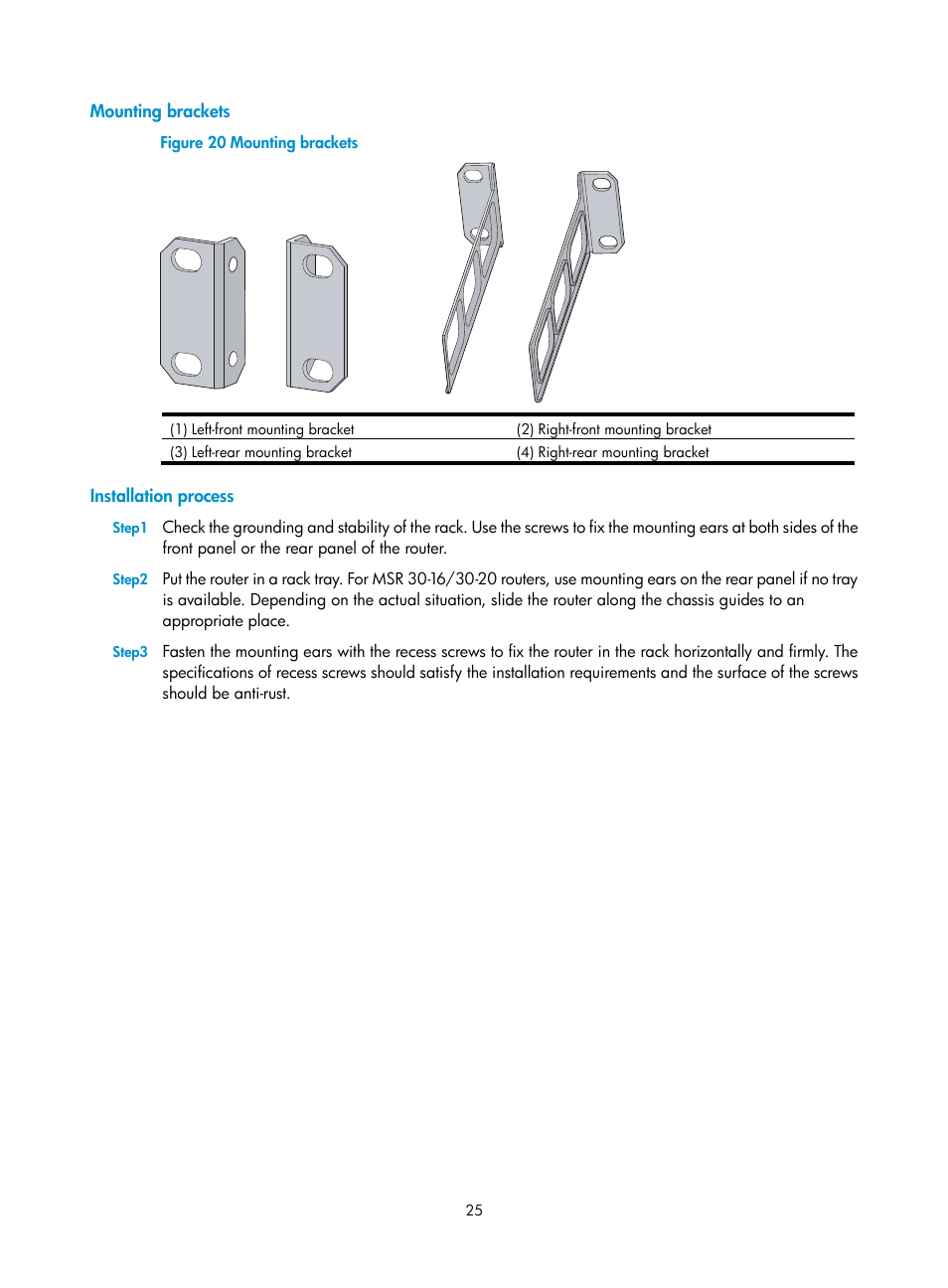 Mounting brackets, Installation process | H3C Technologies H3C MSR 30 User Manual | Page 33 / 99