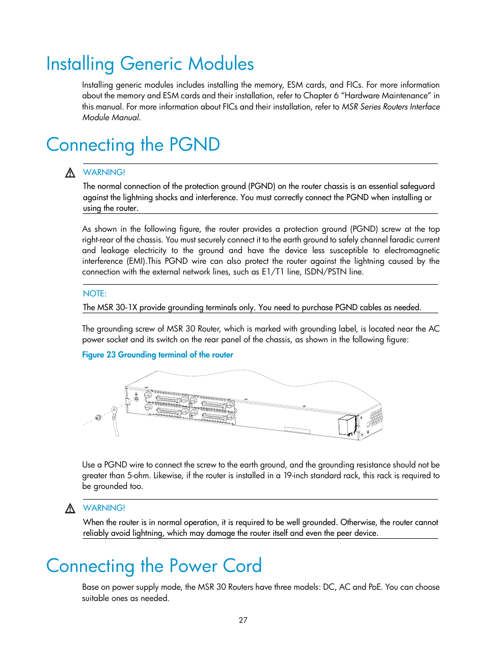 Installing generic modules, Connecting the pgnd, Connecting the power cord | H3C Technologies H3C MSR 30 User Manual | Page 35 / 99