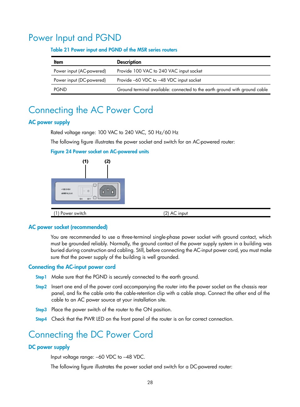 Power input and pgnd, Connecting the ac power cord, Ac power supply | Ac power socket (recommended), Connecting the ac-input power cord, Connecting the dc power cord, Dc power supply | H3C Technologies H3C MSR 30 User Manual | Page 36 / 99