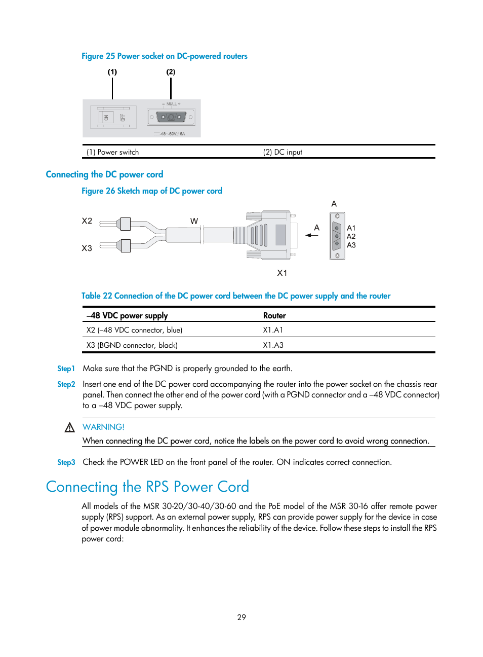 Connecting the dc power cord, Connecting the rps power cord | H3C Technologies H3C MSR 30 User Manual | Page 37 / 99