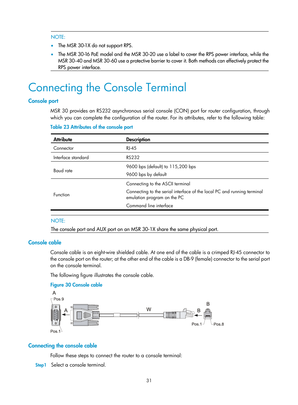 Connecting the console terminal, Console port, Console cable | Connecting the console cable | H3C Technologies H3C MSR 30 User Manual | Page 39 / 99