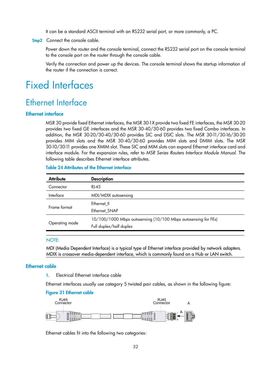 Fixed interfaces, Ethernet interface, Ethernet cable | H3C Technologies H3C MSR 30 User Manual | Page 40 / 99