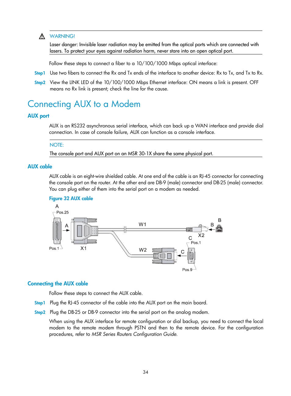 Connecting aux to a modem, Aux port, Aux cable | Connecting the aux cable | H3C Technologies H3C MSR 30 User Manual | Page 42 / 99