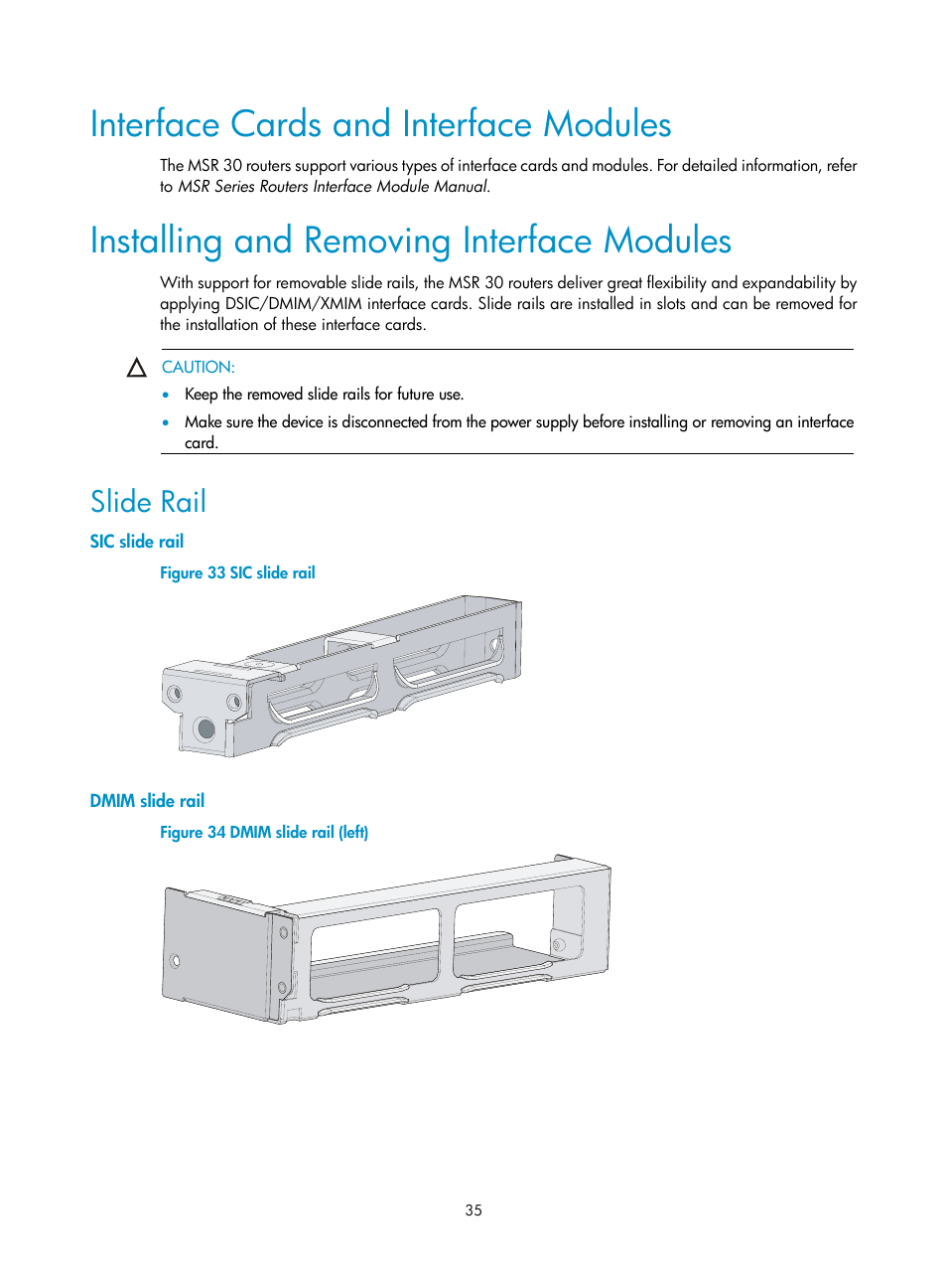 Interface cards and interface modules, Installing and removing interface modules, Slide rail | Sic slide rail, Dmim slide rail | H3C Technologies H3C MSR 30 User Manual | Page 43 / 99