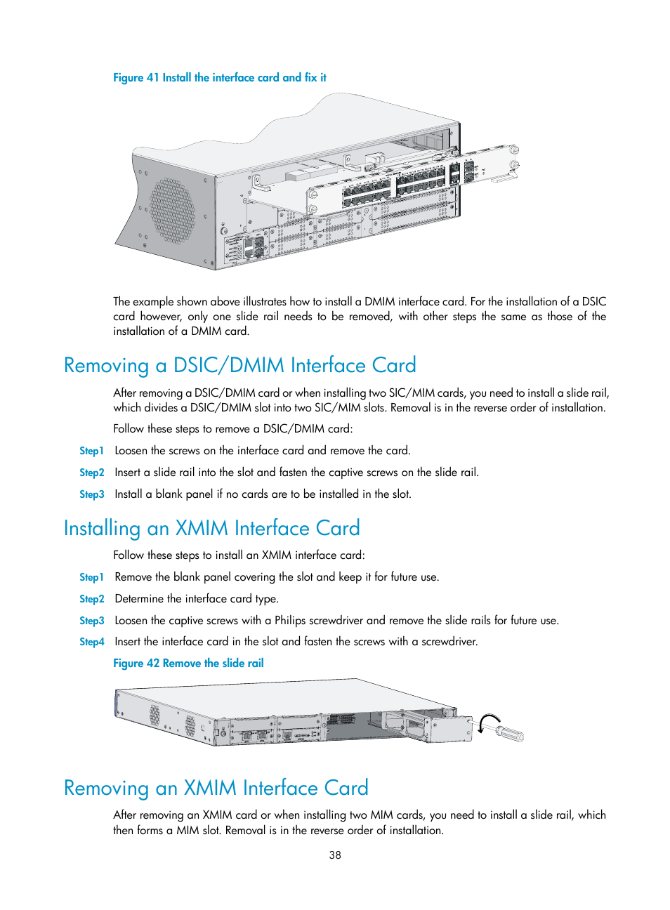 Removing a dsic/dmim interface card, Installing an xmim interface card, Removing an xmim interface card | H3C Technologies H3C MSR 30 User Manual | Page 46 / 99