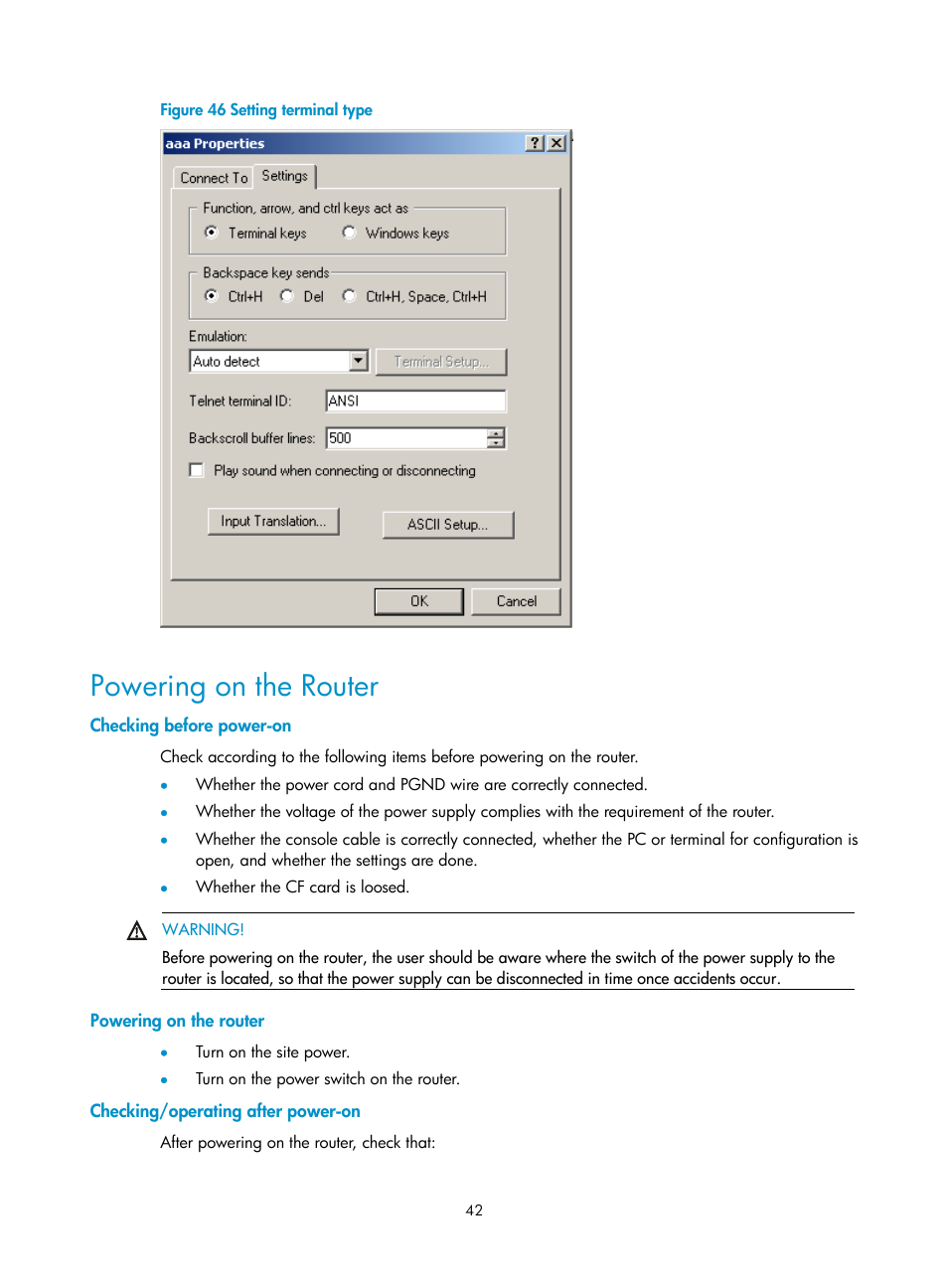 Powering on the router, Checking before power-on, Checking/operating after power-on | H3C Technologies H3C MSR 30 User Manual | Page 50 / 99