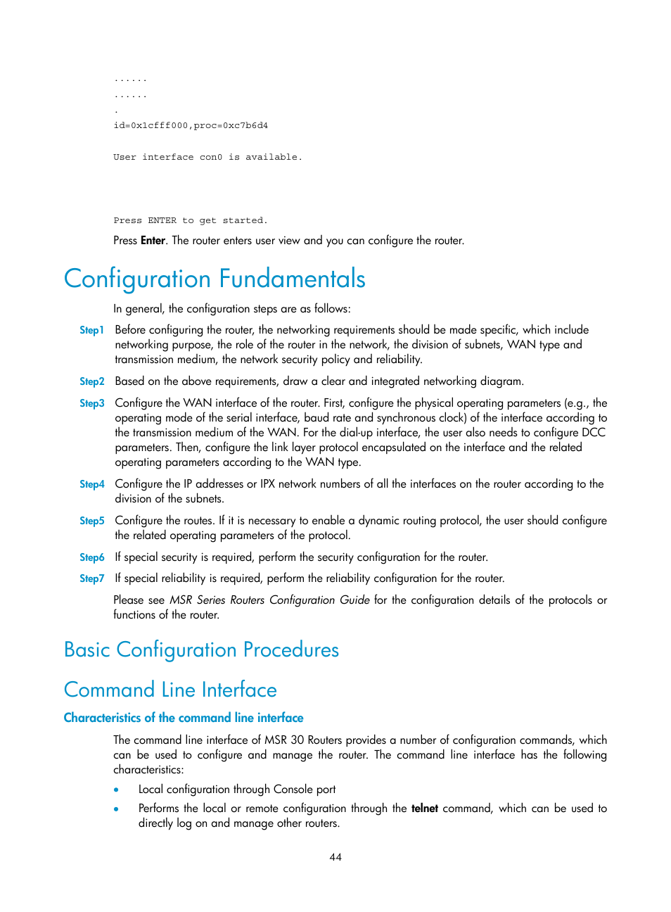 Configuration fundamentals, Basic configuration procedures, Command line interface | Characteristics of the command line interface | H3C Technologies H3C MSR 30 User Manual | Page 52 / 99