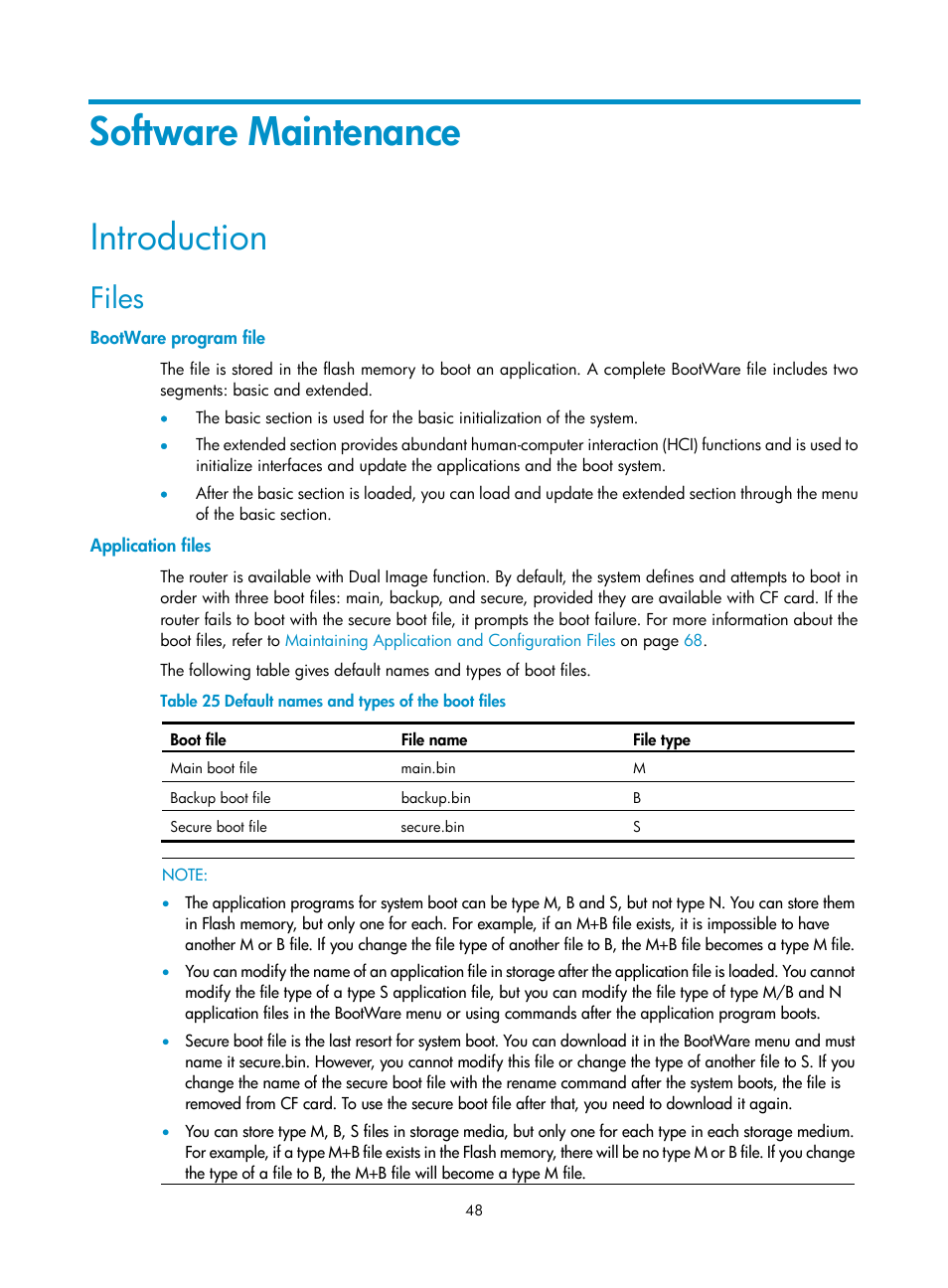 Software maintenance, Introduction, Files | Bootware program file, Application files | H3C Technologies H3C MSR 30 User Manual | Page 56 / 99