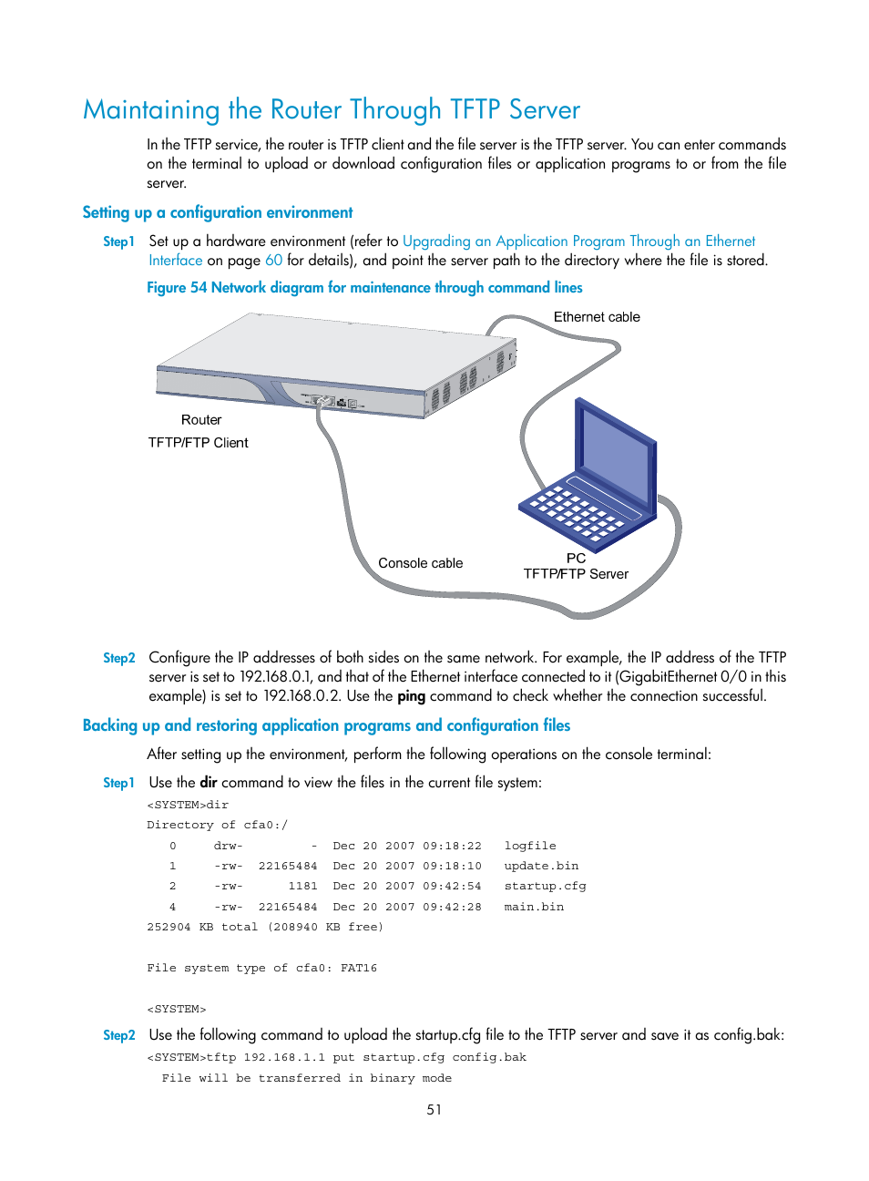 Maintaining the router through tftp server, Setting up a configuration environment | H3C Technologies H3C MSR 30 User Manual | Page 59 / 99