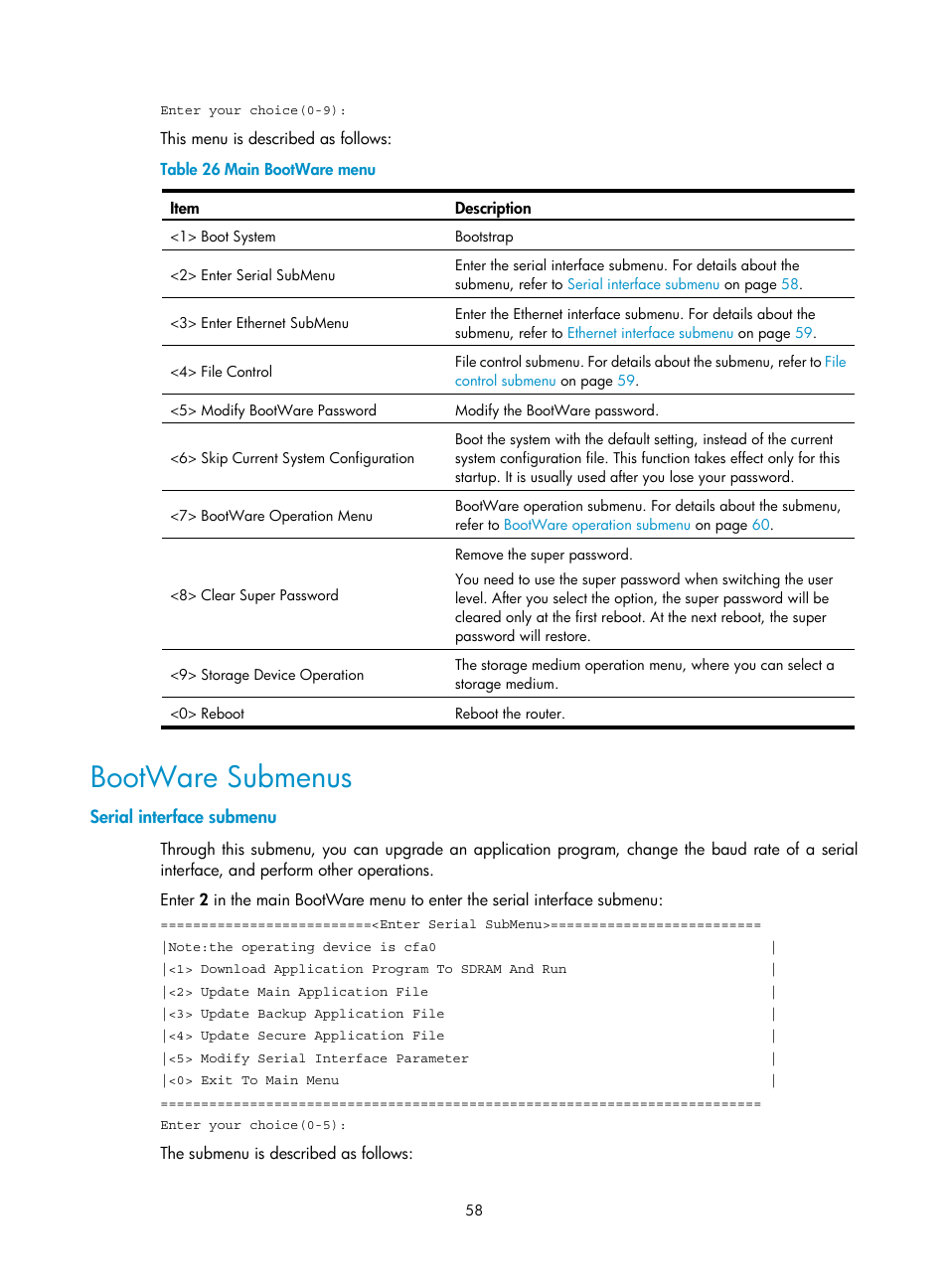 Bootware submenus, Serial interface submenu | H3C Technologies H3C MSR 30 User Manual | Page 66 / 99