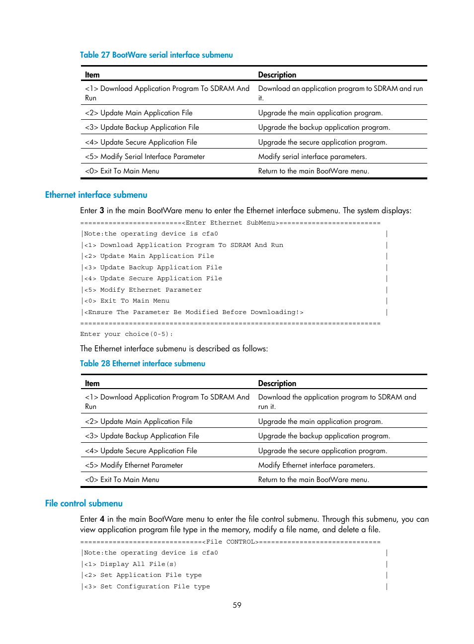 Ethernet interface submenu, File control submenu, Submenu, refer to | S about the submenu, refer to, File, Control submenu | H3C Technologies H3C MSR 30 User Manual | Page 67 / 99