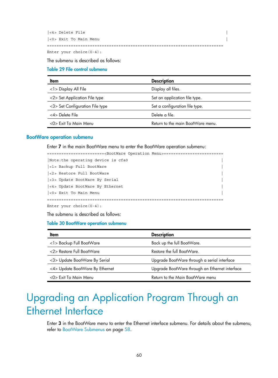 Bootware operation submenu, Er to, Interface | Refer to | H3C Technologies H3C MSR 30 User Manual | Page 68 / 99