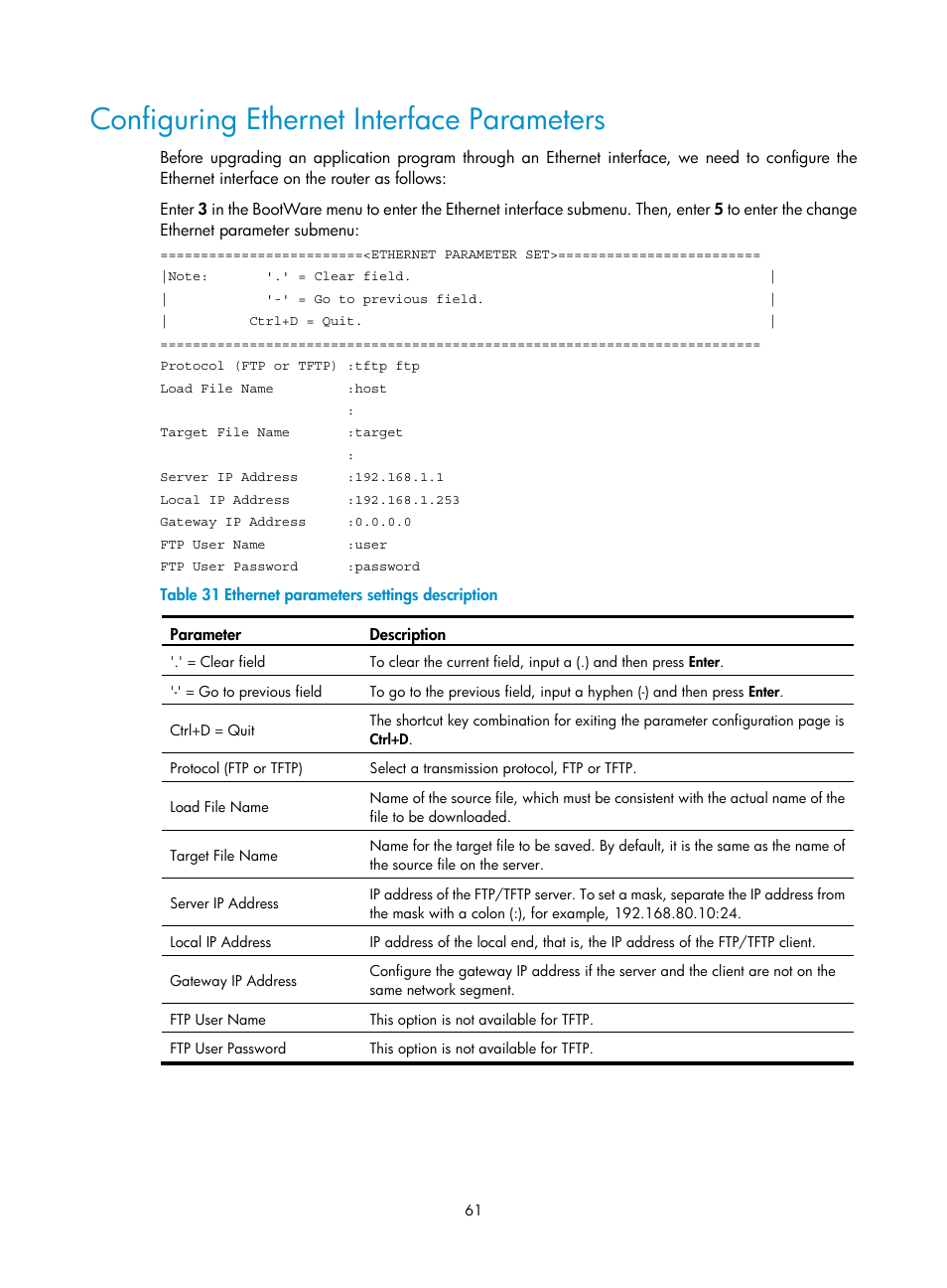 Configuring ethernet interface parameters | H3C Technologies H3C MSR 30 User Manual | Page 69 / 99