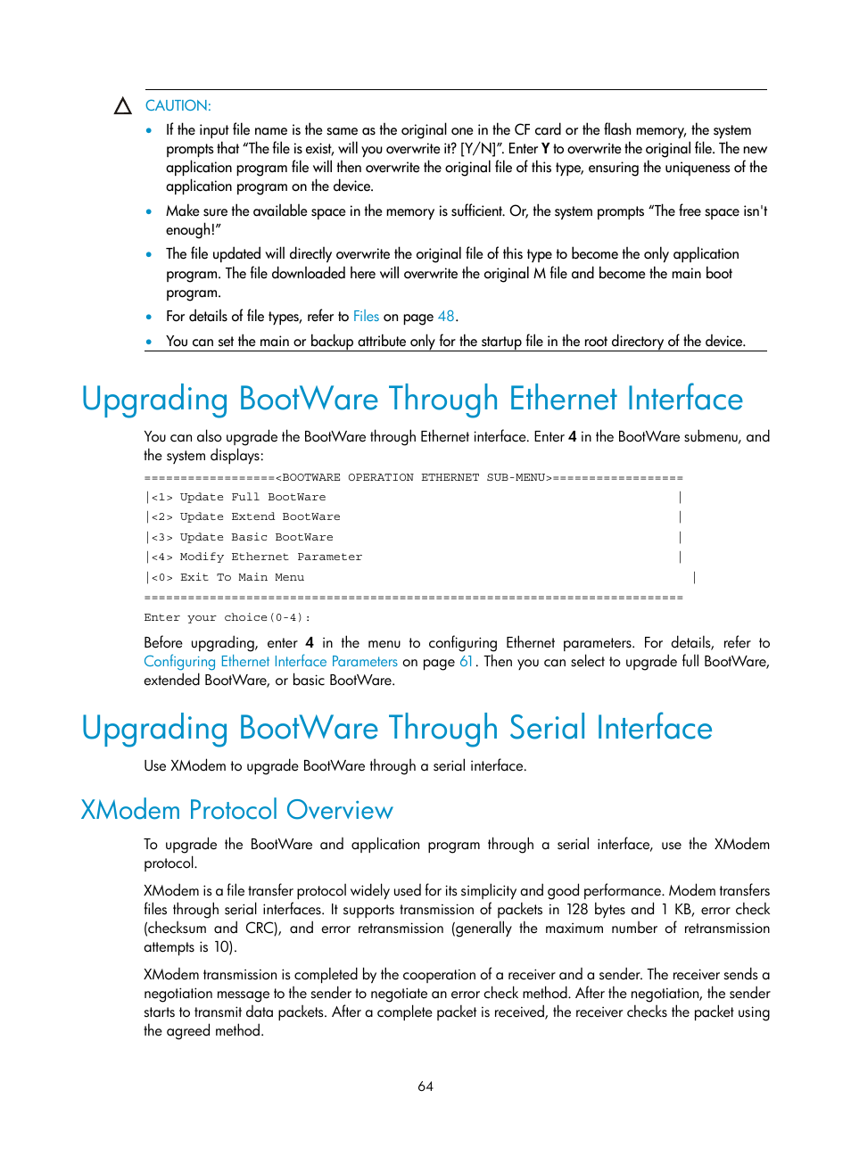 Upgrading bootware through ethernet interface, Upgrading bootware through serial interface, Xmodem protocol overview | H3C Technologies H3C MSR 30 User Manual | Page 72 / 99