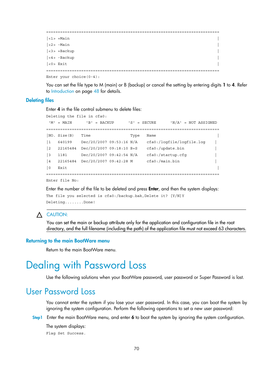 Deleting files, Returning to the main bootware menu, Dealing with password loss | User password loss | H3C Technologies H3C MSR 30 User Manual | Page 78 / 99