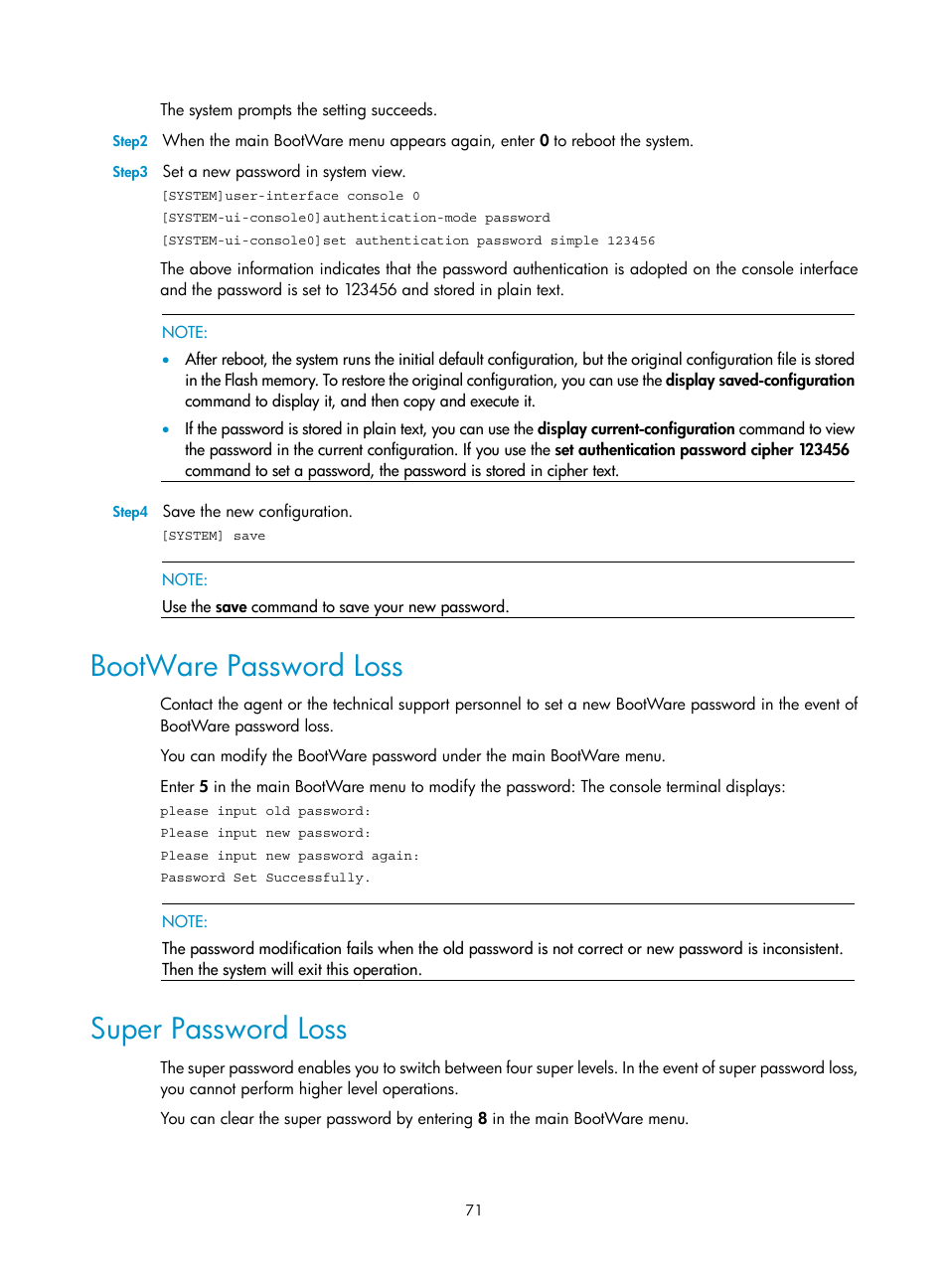 Bootware password loss, Super password loss | H3C Technologies H3C MSR 30 User Manual | Page 79 / 99