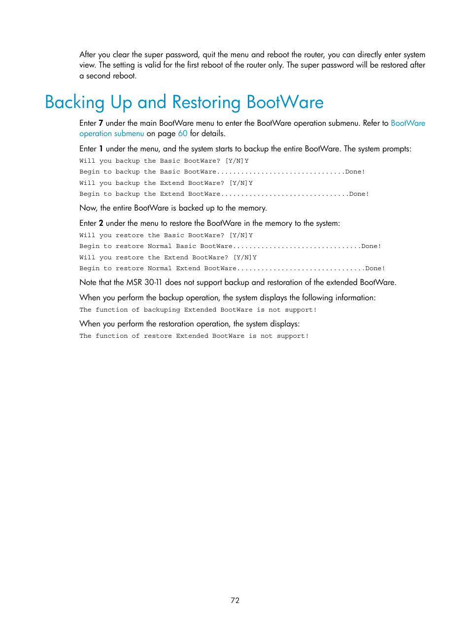 Backing up and restoring bootware | H3C Technologies H3C MSR 30 User Manual | Page 80 / 99
