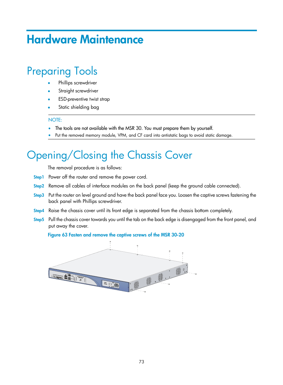 Hardware maintenance, Preparing tools, Opening/closing the chassis cover | H3C Technologies H3C MSR 30 User Manual | Page 81 / 99