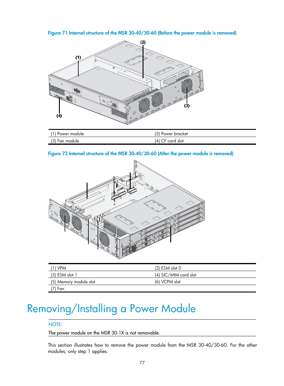 Removing/installing a power module | H3C Technologies H3C MSR 30 User Manual | Page 85 / 99