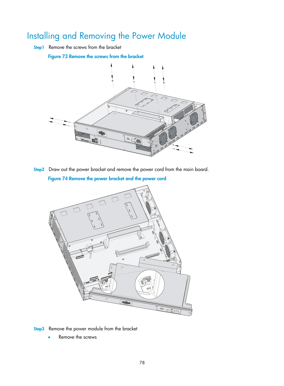 Installing and removing the power module | H3C Technologies H3C MSR 30 User Manual | Page 86 / 99