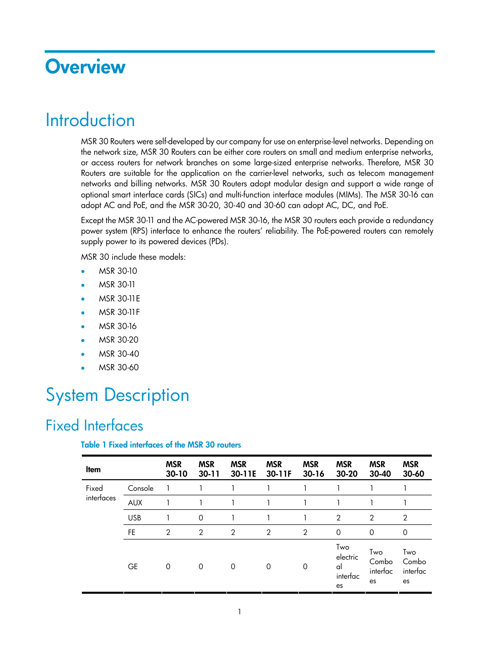 Overview, Introduction, System description | Fixed interfaces | H3C Technologies H3C MSR 30 User Manual | Page 9 / 99