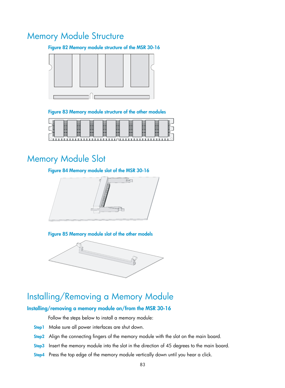 Memory module structure, Memory module slot, Installing/removing a memory module | H3C Technologies H3C MSR 30 User Manual | Page 91 / 99