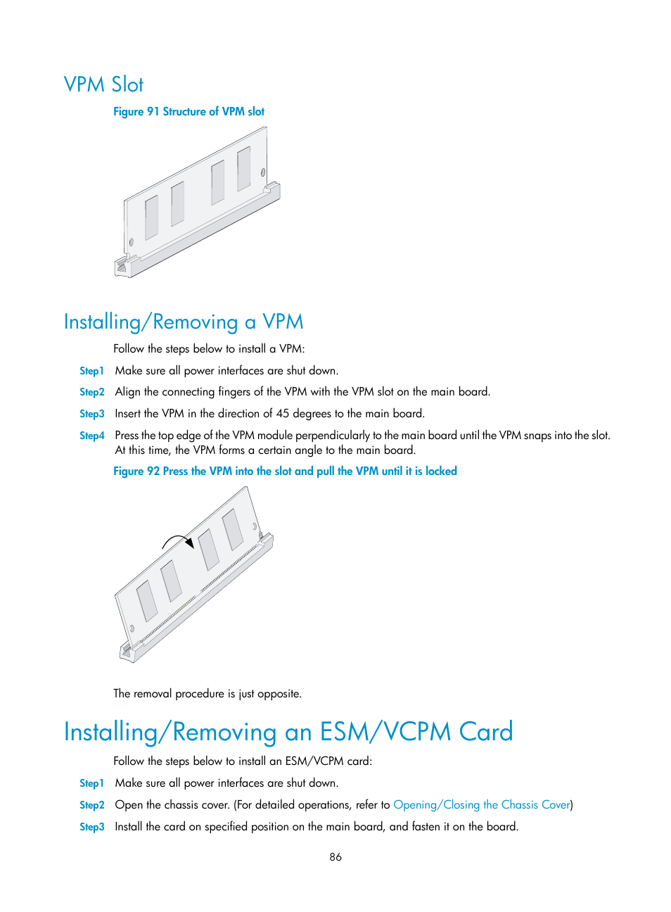 Vpm slot, Installing/removing a vpm, Installing/removing an esm/vcpm card | H3C Technologies H3C MSR 30 User Manual | Page 94 / 99