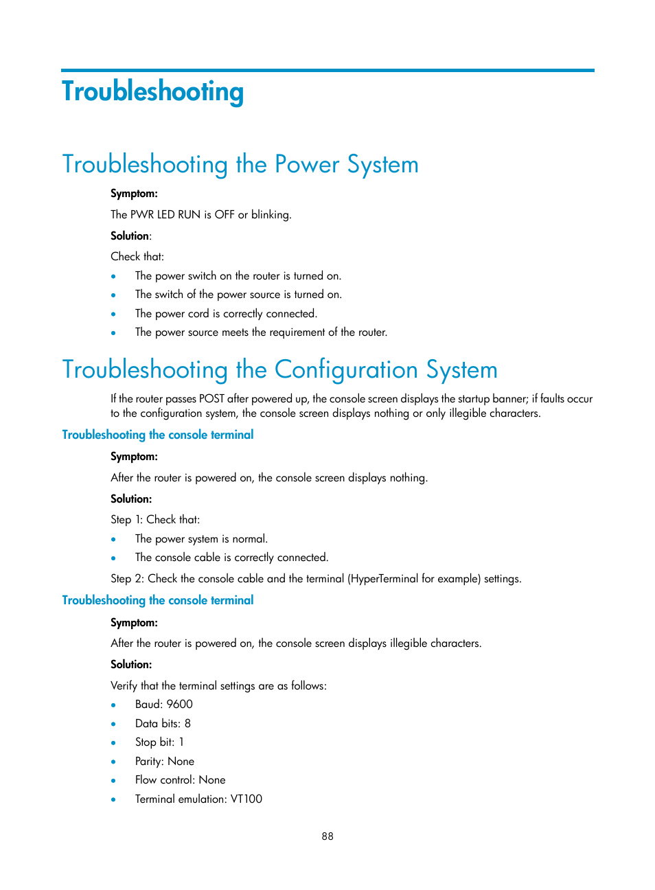 Troubleshooting, Troubleshooting the power system, Troubleshooting the configuration system | Troubleshooting the console terminal | H3C Technologies H3C MSR 30 User Manual | Page 96 / 99