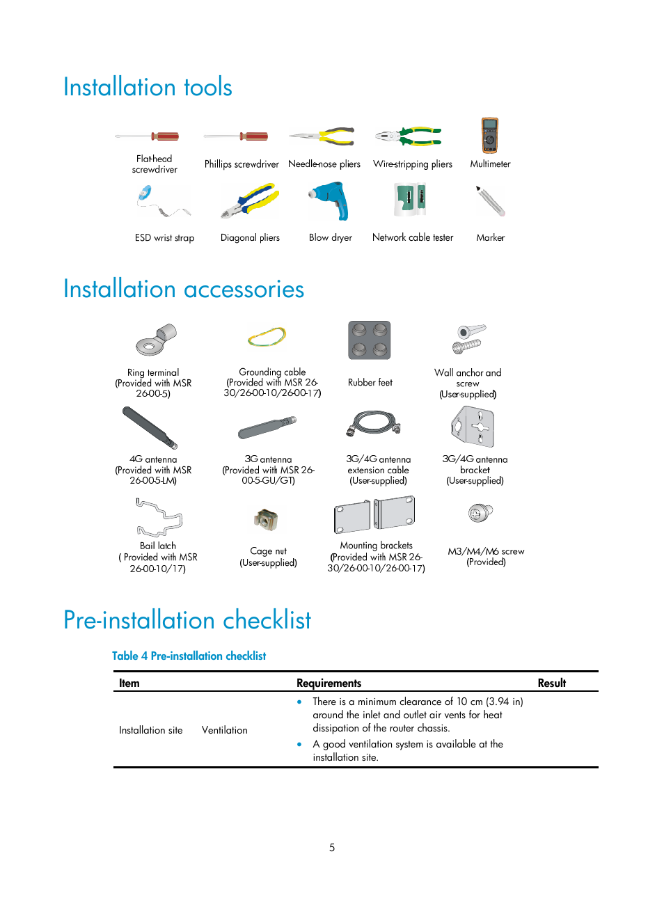 Installation tools, Installation accessories, Pre-installation checklist | H3C Technologies H3C MSR 2600 User Manual | Page 12 / 65